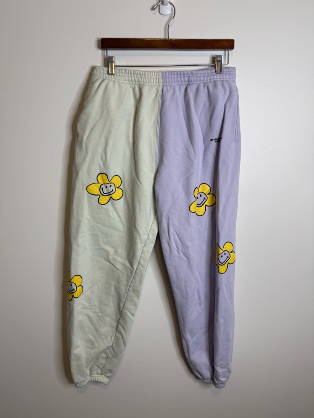 BSR by Samii Ryan joggers smiley sweat pants yellow purple size xl